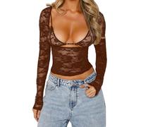 Women Floral Lace Shirt Sexy Sheer Mesh Long Sleeve Crop Top Slim Fit Layering Tee Blouse 2 Pieces Crop Blouse Spring Fall Slim Fit Shirt Summer Streetwear Brown