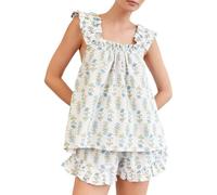 Women Floral Print Summer Set Square Neck Flutter Sleeve Loose Tank Tops Ruffled Shorts 2-Piece Outfits (Blue, S)
