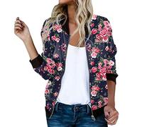 Women Floral Pritn Bomber Jacket Full Zip Slim Fit Long Sleeve Lightweight Baseball Jacket Coat with Pockets(Hot Pink,X-Large)