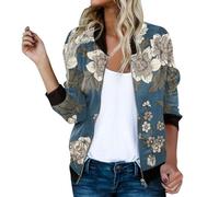 Women Floral Pritn Bomber Jacket Full Zip Slim Fit Long Sleeve Lightweight Baseball Jacket Coat with Pockets (Navy, XXL)