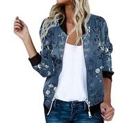 Women Floral Pritn Bomber Jacket Full Zip Slim Fit Long Sleeve Lightweight Baseball Jacket Coat with Pockets(Blue,Medium)