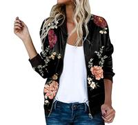 Women Floral Pritn Bomber Jacket Full Zip Slim Fit Long Sleeve Lightweight Baseball Jacket Coat with Pockets(Red,X-Large)