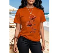 Women Floral Rose Print Short Sleeve T-Shirt, Casual Crew Neck Soft Stretchy Summer, Artistic Flower Graphic for Daily Wear
