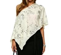 Women Floral Sequin Poncho Top Off Shoulder Asymmetric Sheer Shawl Cover Up | Lightweight Chiffon Fabric, Loose Cape Silhouette, Glitter Party Cover-up, Wedding Dinner, Casual Evening Layering Shawl