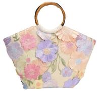 Women Floral Sequins Embroidered Tote Bag with Bamboo Handle Evening Bag Boho Shoulder Bag for Travel, Holiday Party, C-Beige, M, tote bag