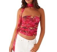 Women Floral Tube Top Mesh Ruched Strapless Crop Top Sexy Cheetah Print Backless Bandeau Tank Top with Scarf (A Red, M)
