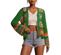 Women Flower Crochet Cardigan Handmade Hollowed Out Knitted Crop Cardigans Boho Square Floral Pattern Lightweight Coats Summer Flared Sleeves Shrugs Tops Cover Up Daily Wear
