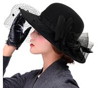 Women Flower Decor Bowler Fedora Hat with Veil Floppy Brim Felt Church Party Cap Vintage 1920s Elegant Fascinator Hat Small, Bowknot Mesh -Black, S