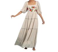 Women Flower Embroidered Maxi Dress Square Neck Puff Short Sleeve Ruffle Hem Smocked Sundress Boho A-Line Flowy Beach Dress (Gray A, L)
