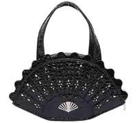 Women Flower Hollow Out Fan Shaped Handbag Vintage Chinese Style Leather Satchel Purse Novelty Classical Shell Clutch Bag(Black1)