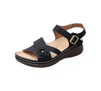 Women Flower Wedge Sandals Hollow Cross Strap Open Toe Slingback Wide Orthopedic Abjustable Buckle Thick Shoes Casual Comfortable Walking Platform Sandal Summer Cushioned Beach (Black, 7)