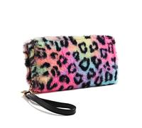 Women Fluffy Leopard Print Fluffy Wallet Bag Faux Fur Plush Tie Dye Rainbow Zipper Purse Coins Card Holder Organizer - - One Size
