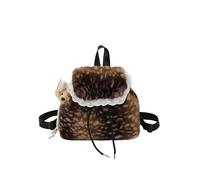 Women Fluffy Plush Mini Backpack Faux Leopard Drawstring Lace (Brown | Teddy Bear Charm Adjustable Shoulder Straps Fall Winter Mini Bag (Brown 230x220x130)