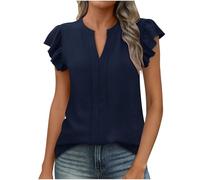Women Flutter Sleeve V-Neck Blouses Summer Casual Ruffle Short Sleeve Notch Neck Top Fashion Elegant Pleated Back Shirt for Ladies UK My Recent Orders 2025 Navy