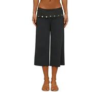 Women Fold Over Capris Pant Striped Elastic Waist Wide Leg Comfy Casual Yoga Pants (B-Light Brown, S)