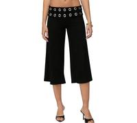 Women Fold Over Capris Pant Striped Elastic Waist Wide Leg Comfy Casual Yoga Pants (C-Black, M)
