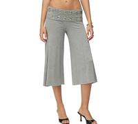 Women Fold Over Capris Pant Striped Elastic Waist Wide Leg Comfy Casual Yoga Pants (C-Gray, S)