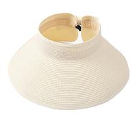 Women Foldable Straw Sun Visor, Packable Wide Brim Beach Hat with Ponytail Hole for Summer Vacation Travel or Gardening SM01, Off-white, One Size