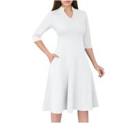 Women Formal Dress Plain 3/4 Sleeve V Neck A-line Dresses Solid Casual Smart Work Office Dress Ladies Casual Flare Knee Length Elegant Dresses with Pocket White