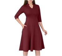 Women Formal Dress Plain 3/4 Sleeve V Neck A-line Dresses Solid Casual Smart Work Office Dress Ladies Casual Flare Knee Length Elegant Dresses with Pocket Red