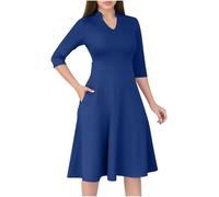 Women Formal Dress Plain 3/4 Sleeve V Neck A-line Dresses Solid Casual Smart Work Office Dress Ladies Casual Flare Knee Length Elegant Dresses with Pocket Navy