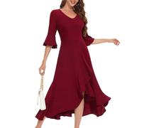 Women Formal Wedding Guest Dress Plus Size 3/4 Bell Sleeve Split for Funeral Black Cocktail Maxi Evening Party Dresses Burgundy 3XL
