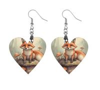 Women Fox in The Woods Wooden Earrings Lightweight Dangle Earrings Geometric Drop Earring Vintage Heart-Shaped Retro Daily Wear Jewelry Gift for Wedding Party Graduation