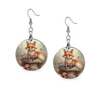 Women Fox in The Woods Wooden Earrings Lightweight Dangle Earrings Geometric Drop Earring Vintage Round Retro Daily Wear Jewelry Gift for Wedding Party Graduation