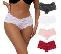 Women French Knickers Plus Size Lace Knickers Cotton Crotch Brazilian Underwear Hipster Panties Sexy Ladies Briefs Bikini Cheeky Thongs Black Red White Pink 4Pack UK 18