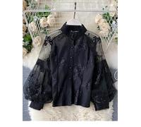 Women French Mesh Lace Blouse Stand Collar Three-dimensional Embroidered Puff Sleeves Court Style Slim Shirt Female Blusa