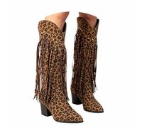 Women Fringe Animal Print Boots Brown High Shaft Pointed Toe Heel Striking Pattern UK 3-9 Autumn Winter Casual Evening Casual Wear