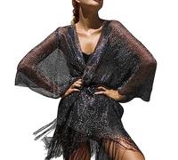 Women Fringe Tassel Mesh Sheer Shiny Summer Beach Cover Ups Kimono Loose Cardigan Capes Tops Swimsuit Coverups, Black, One Size