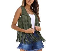 Women Fringe Vest Faux Suede Open Front Vintage Vest Sleeveless 70s Hippie Clothes Boho Western Jacket gilet for women uk (Green, M)
