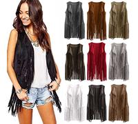 Women Fringed Cardigan Open Front Tassels Waistcoat Outerwear Ethnic Vest Tops Suede Solid Color Sleeveless Fringe Vest Windbreaker Trenchcoat Ladies Girls Hippy Fancy Dress Hippie Costume