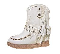 Women Fringed Western Cowboy Boots Fashion Solid Color Outdoor Chunky Heel Shoes Walking Womens (White, 8)