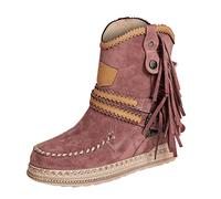 Women Fringed Western Cowboy Boots Fashion Solid Color Outdoor Chunky Heel Shoes Walking Womens (Wine, 6.5)