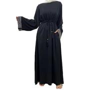 Women Front Zipper Muslim Pullover Dress Drawstring Belt Long Abaya Rhinestone Long Sleeve Caftan Black M