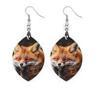 Women Funny Fox Creature Sleeping Wooden Earrings Lightweight Dangle Earrings Geometric Drop Earring Vintage Apricot Retro Daily Wear Jewelry Gift for Wedding Party Graduation