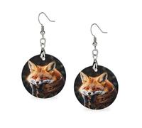 Women Funny Fox Creature Sleeping Wooden Earrings Lightweight Dangle Earrings Geometric Drop Earring Vintage Round Retro Daily Wear Jewelry Gift for Wedding Party Graduation
