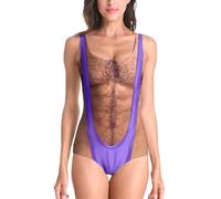 Women Funny Swimsuit Hairy Body Chest Printed Hippie Ruched Tummy Control Swimwear Plus Size Swimwear Push Up Plus Size Beachwear V Neck Swimming Costume Slim Monokini Bathing Suit (H1-Purple, XXL)