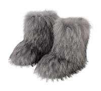 Women Furry Faux Fur Boots Fluffy Fuzzy Comfy Snow Boot Colorful Round Toe Suede Flat Shoes Rubber Sole Girl Outdoor Indoor Christmas Fashion Party (Artificial Raccoon Fur/Light Grey/5）