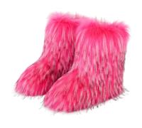 Women Furry Faux Fur Boots Fluffy Fuzzy Comfy Snow Boot Colorful Round Toe Suede Flat Shoes Rubber Sole Girl Outdoor Indoor Christmas Fashion Party (Artificial Raccoon Fur/Rose/7.5