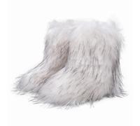 Women Furry Faux Fur Boots Fluffy Fuzzy Comfy Snow Boot Colorful Round Toe Suede Flat Shoes Rubber Sole Girl Outdoor Indoor Christmas Fashion Party (Artificial Raccoon Fur/White Base Black Tip/7.5