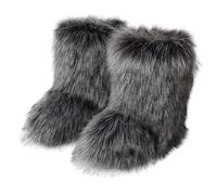 Women Furry Faux Fur Boots Fluffy Fuzzy Comfy Snow Boot Colorful Round Toe Suede Flat Shoes Rubber Sole Girl Outdoor Indoor Christmas Fashion Party (Artificial Raccoon Fur/Dark Grey/5）