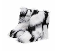 Women Furry Faux Fur Boots Fluffy Fuzzy Comfy Snow Boot Colorful Round Toe Suede Flat Shoes Rubber Sole Girl Outdoor Indoor Christmas Fashion Party (Artificial Fox Fur/Black White/5