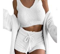 Women Fuzzy 3 Piece Outfit Pajamas, Sexy Winter Autumn Knitted Long-Sleeved Blazer Coat Tank Short Pants Outfit For Women Girls