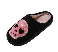 Women Fuzzy Closed Toe Slide Slippers Pink Crown Skull Embroidery Soft Plush Lined Indoor Home Footwear Multi Colour Options for Halloween Autumn Family Loungewear Casual Wear