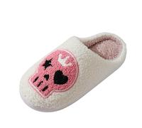 Women Fuzzy Closed Toe Slide Slippers Pink Crown Skull Embroidery Soft Plush Lined Indoor Home Footwear Multi Colour Options for Halloween Autumn Family Loungewear Casual Wear