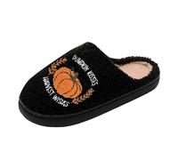 Women Fuzzy Closed Toe Slippers Black Spooky Season Ghost Boo Embroidery Plush Lined Slip On Indoor Slides Halloween Home Loungewear Casual Holiday Footwear