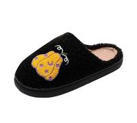 Women Fuzzy Closed Toe Slippers Black Spooky Season Ghost Boo Embroidery Plush Lined Slip On Indoor Slides Halloween Home Loungewear Casual Holiday Footwear